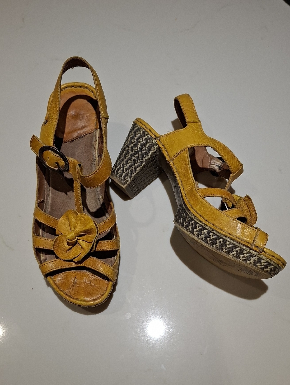 Josef Seibel Boho Yellow Leather T-strap Platform Heels w/ Flower Detail (EU 38)